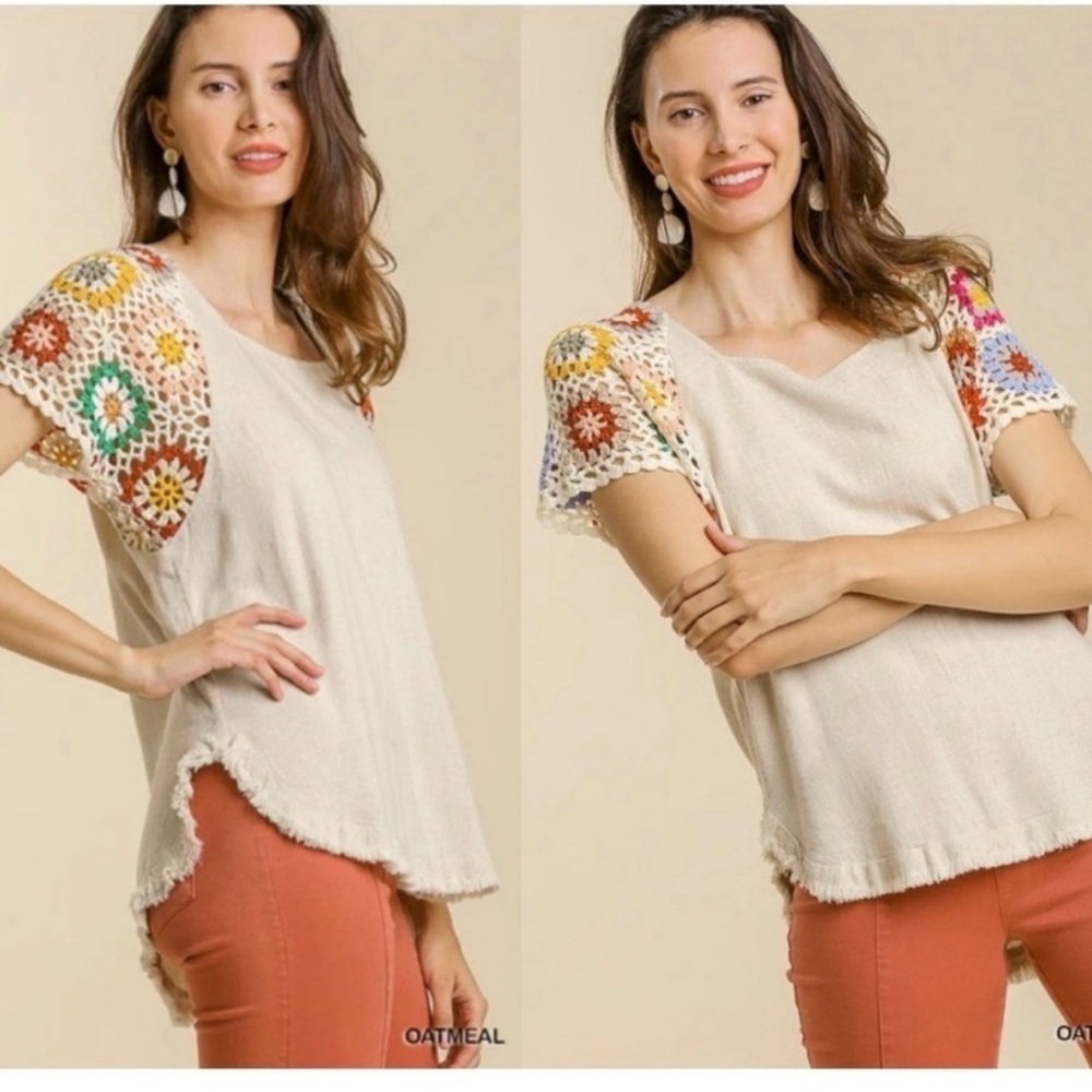 UMGEE Frayed Hem Linen Blend Colorful Crochet Sleeve Boho Tunic Top Size Small